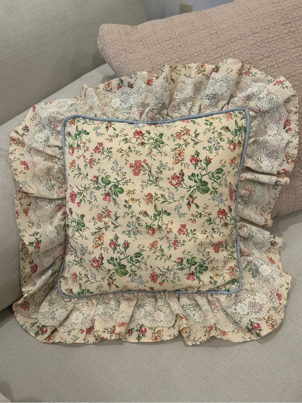 Vintage Croscill / Ruffled Decorative Throw Pillow - Cream Floral